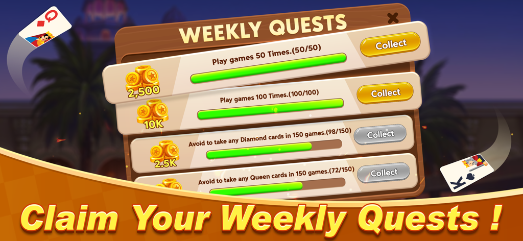 Trix - The Card Game - Weekly quests menu in Trix - The Card Game showing reward tokens for completing challenges.
