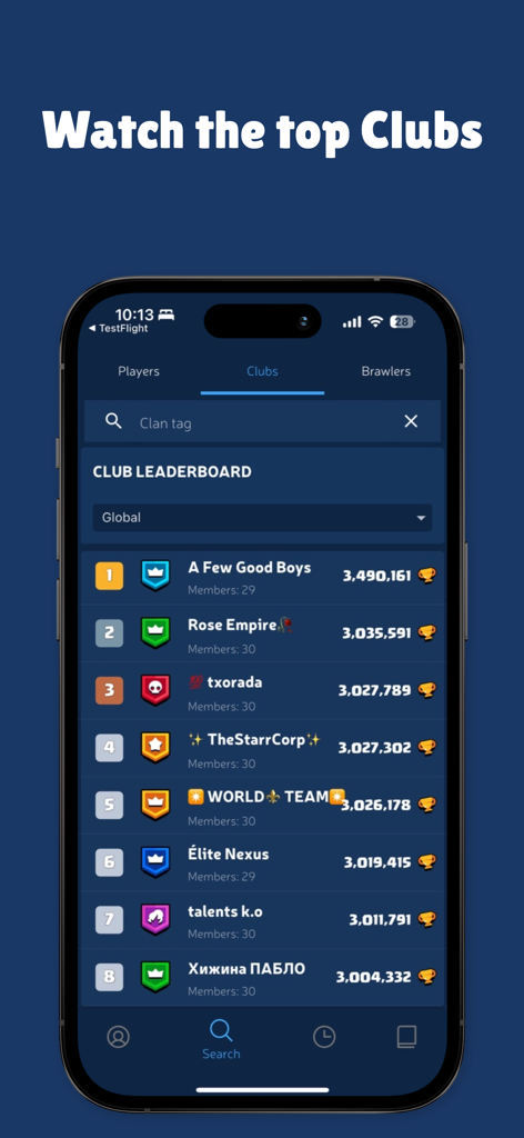 Brawl Stats app showing the global club leaderboard for Brawl Stars
