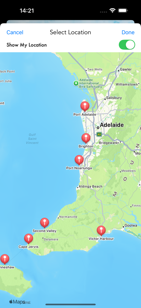 SA Tide Times - A map of South Australia within the SA Tide Times app showing red pins for various tide tracking locations including Adelaide and Victor Harbour.