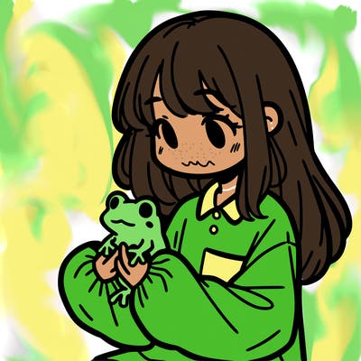 girl with long hair and a oversized shirt. and she is holding a frog