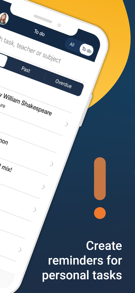 Interfaz de la aplicación móvil Satchel One que muestra una lista de tareas pendientes y una indicación para crear recordatorios de tareas personales.