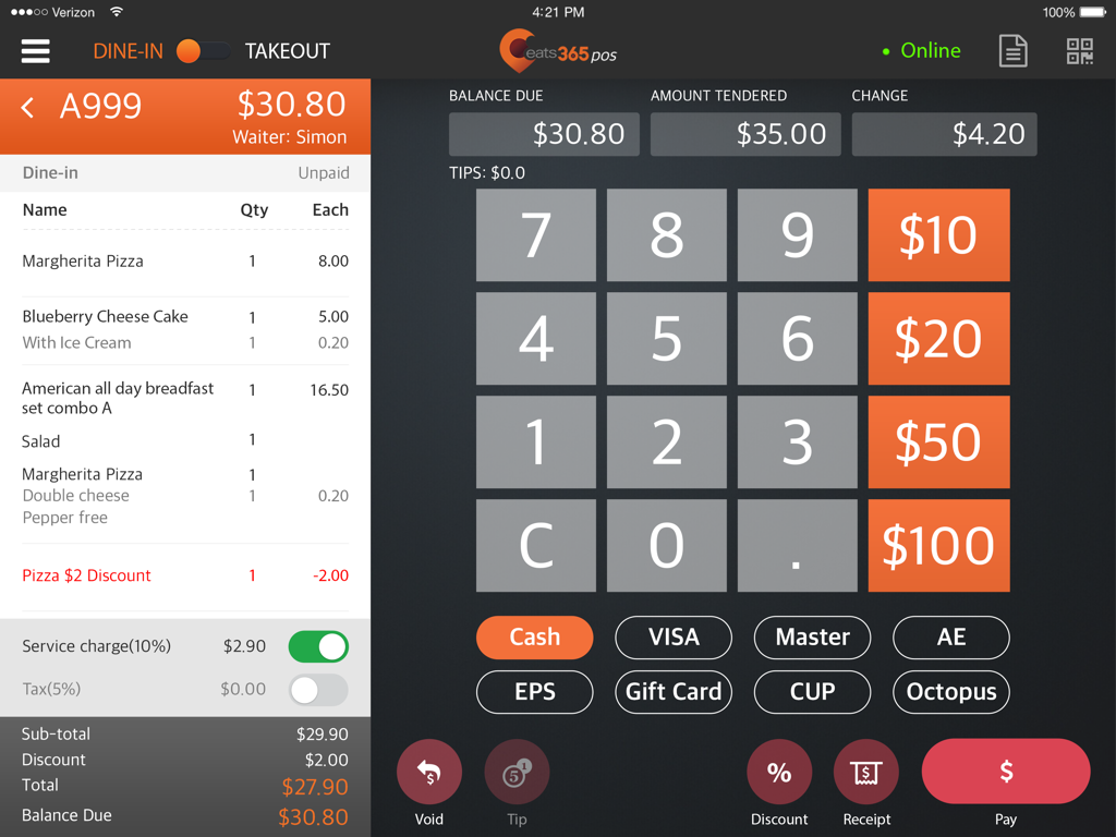 Checkout interface of the Eats365 POS iPad app showing an order summary and payment method options.