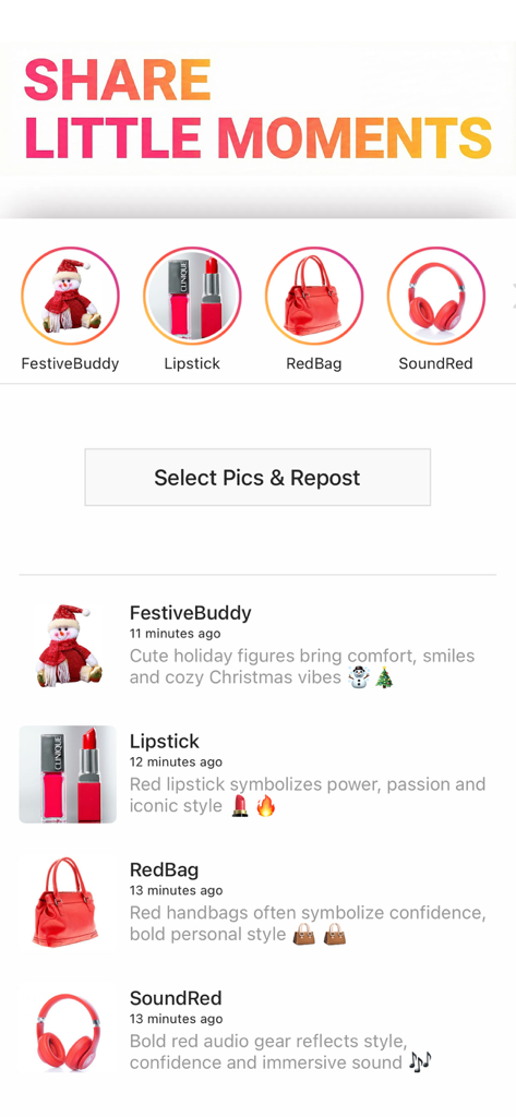 Insta Save Pro - Captura de tela do aplicativo Insta Save Pro mostrando o recurso Selecionar Fotos e Repostar para compartilhar momentos de mídia social.