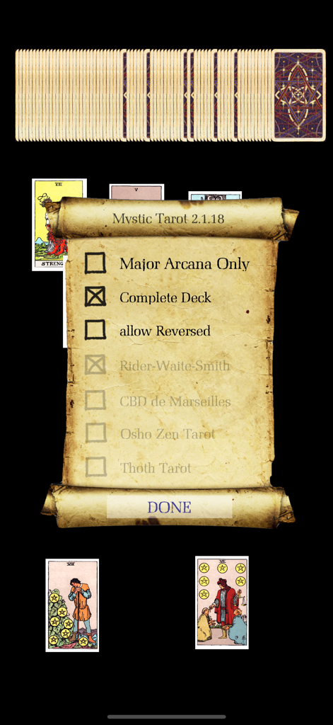 Mystic Tarot - Menú de configuración de la aplicación Mystic Tarot mostrado en un pergamino vintage con opciones de selección de baraja.