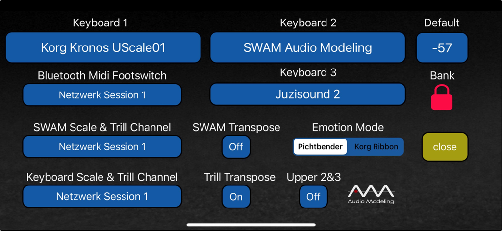 Cavit Scale Ultimate - MIDI settings screen showing configurations for Korg Kronos and SWAM Audio Modeling