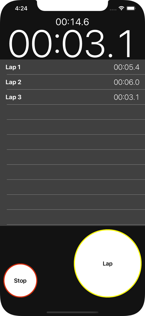 Intervals Timer - Intervals Timer app interface displaying a running stopwatch with recorded lap times for HIIT training