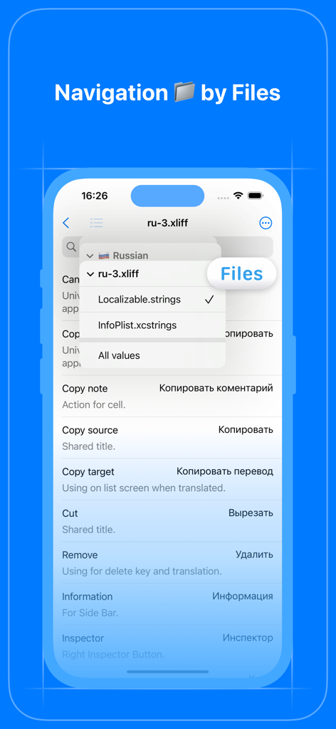 Mobile app interface showing a file navigation menu for switching between xcstrings and xliff localization files