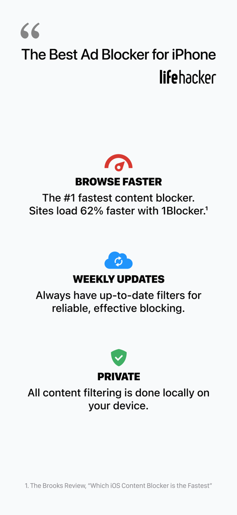 1Blocker - 1Blocker app screenshot displaying Lifehacker review and key features like faster browsing and privacy protection