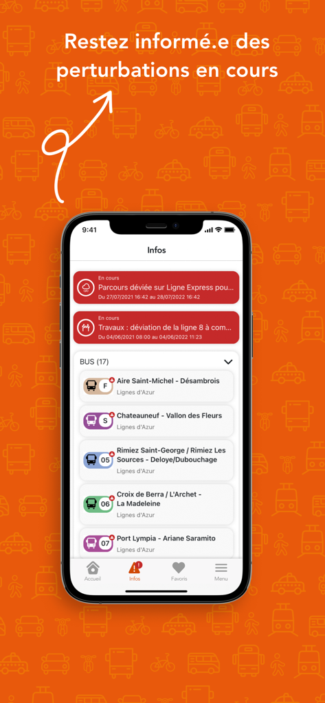 Lignes d’Azur Mobile - Affichage sur smartphone montrant des alertes de service de bus et des informations de trafic pour le réseau de transport de Nice