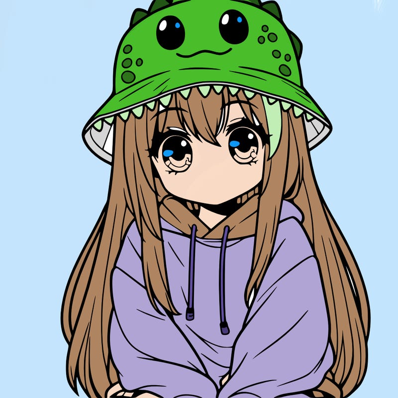 girl with anime shaped eyes with a dinosaur bucket hat oversized sweatshirt long straight hair