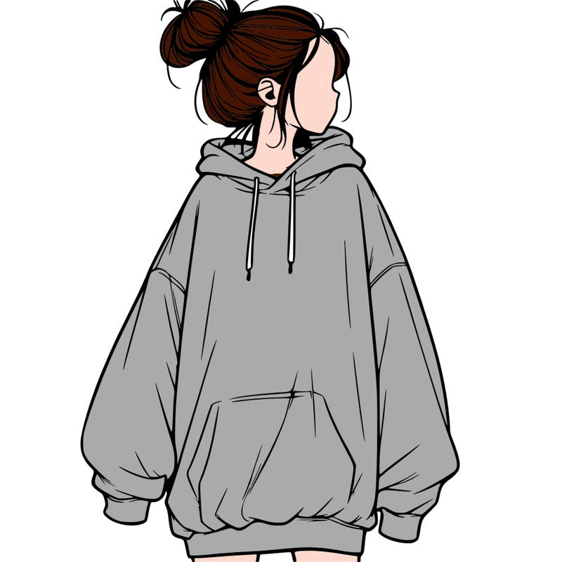 realistic girl with a oversized sweatshirt on and a bun