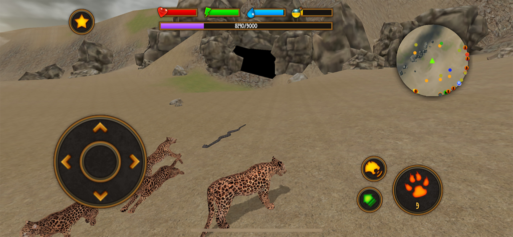 A group of leopards exploring a 3D open world safari landscape in the Clan Of Leopards mobile game.