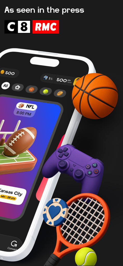 Schermata mobile che mostra l'interfaccia dell'app di pronostici sportivi Gamby con pallacanestro 3D, controller e attrezzature da tennis