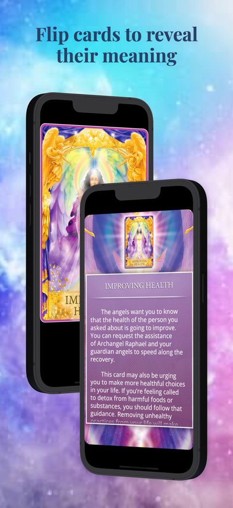Angel Answers Oracle Cards - Smartphone screens showing the Angel Answers Oracle Cards app with an angel illustration and a card reading for improving health.