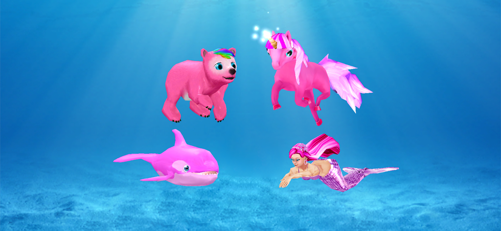 My Dolphin Show - Pink fantasy animal characters and a mermaid swimming underwater