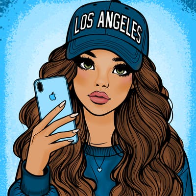 realistic beautiful girl wearing los ángeles cap holding an iphone