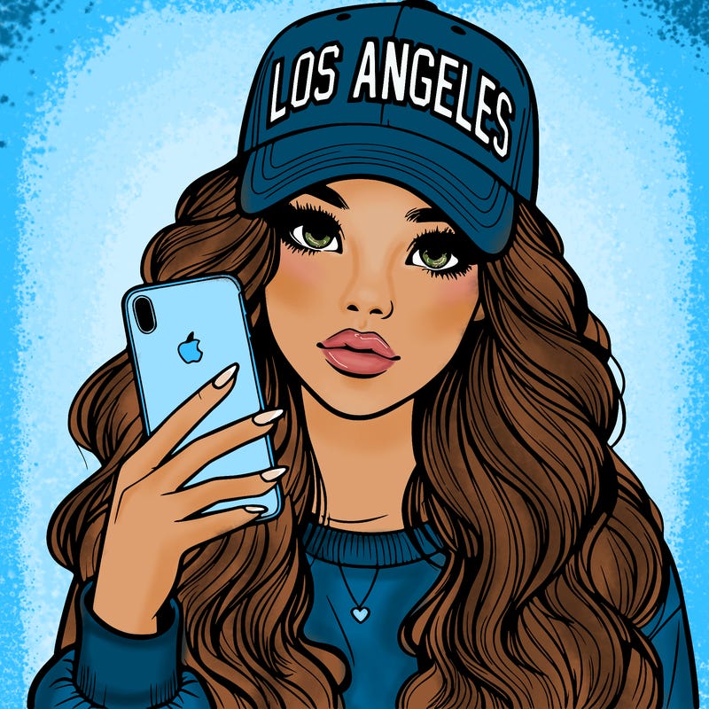 realistic beautiful girl wearing los ángeles cap holding an iphone