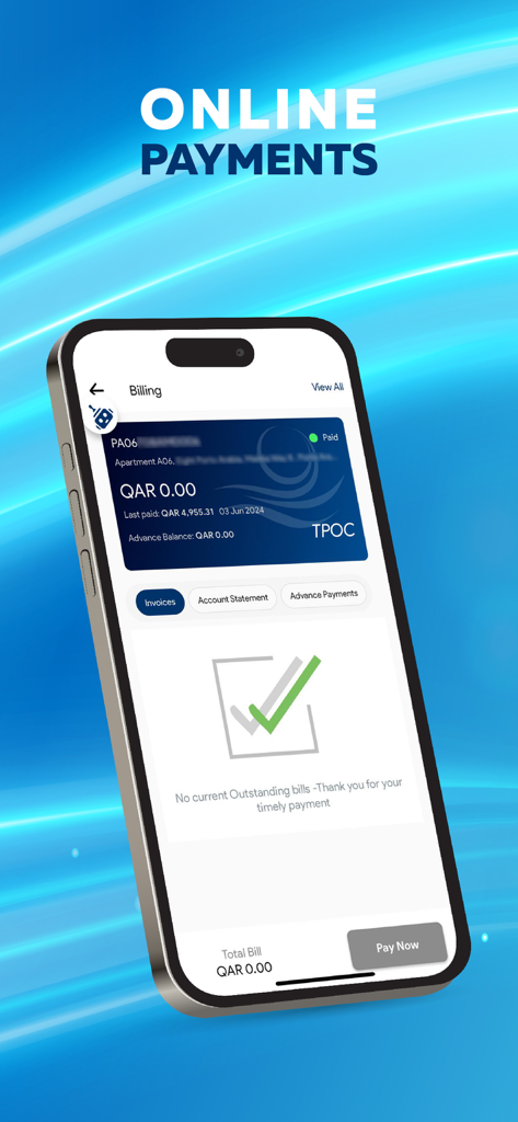 The Pearl Island - Interface of The Pearl Island mobile app showing the online payments and billing section with no outstanding bills