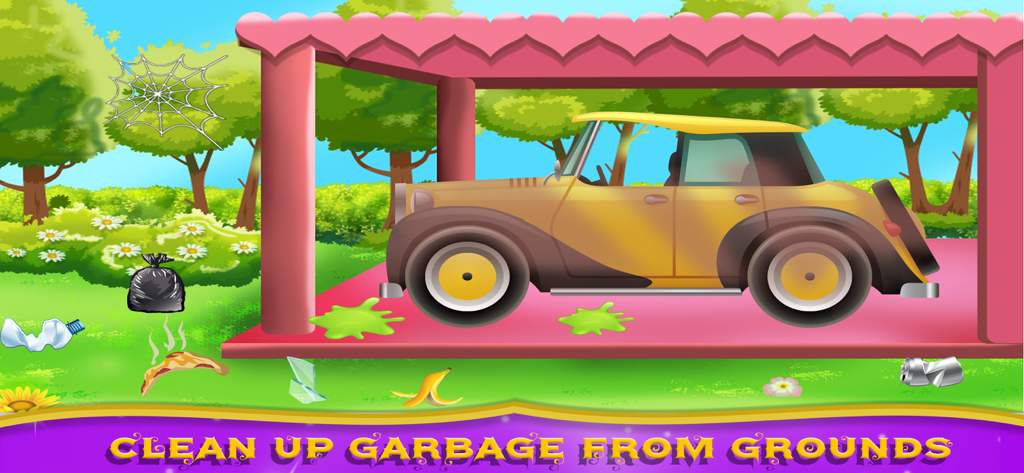 Little Princess House Cleaning - Little Princess House Cleaning game screen showing a dirty car and trash in the garage