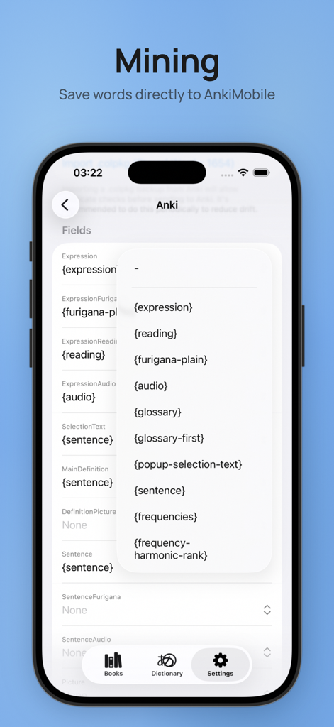 Hoshi Reader - Interfaz de la aplicación Hoshi Reader que muestra la configuración de minería de Anki y la asignación de campos de tarjetas de memoria.
