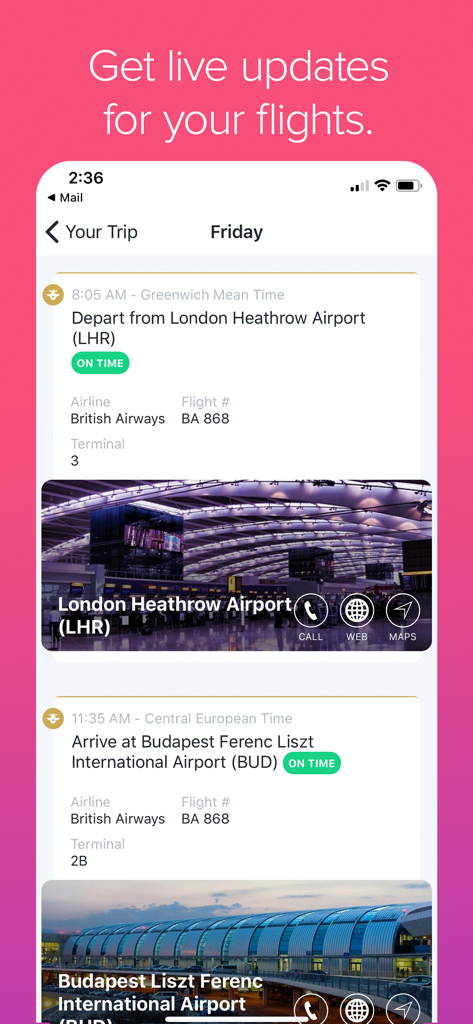Trip Plans - Mobile app screen showing real-time flight status updates and detailed itinerary for a trip from London to Budapest.