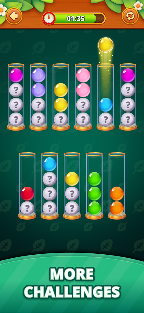 Ball Sort Genius - Puzzle Game - A colorful puzzle level in Ball Sort Genius with glass tubes containing sorted and mystery balls.