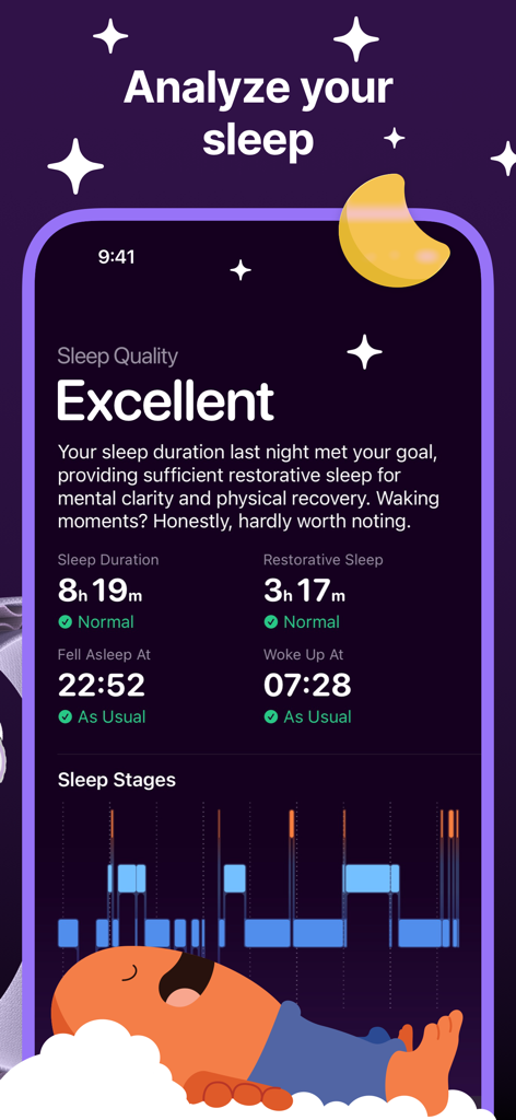 Gentler Streak Workout Tracker - Interfaz de la aplicación Gentler Streak que muestra la duración del sueño, las métricas de sueño reparador y el gráfico de etapas del sueño.