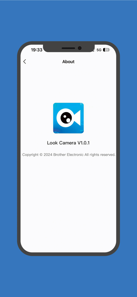 LooK Camera - About page of the Look Camera mobile app showing the version number and developer copyright information
