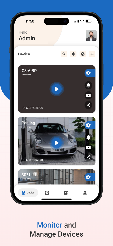 ezyLiv+ App-Dashboard mit mehreren Sicherheitskamera-Feeds und Geräte-Steuerungsoptionen