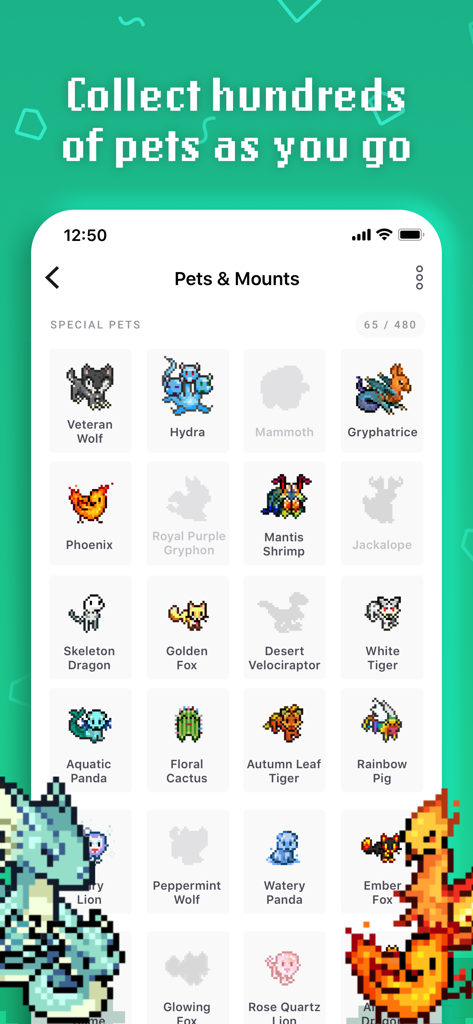 Habitica: Gamified Taskmanager - Habiticaアプリの画面。Hydra、Phoenix、Skeleton Dragonなどのピクセルアートのペットやマウントのコレクションが表示されています。