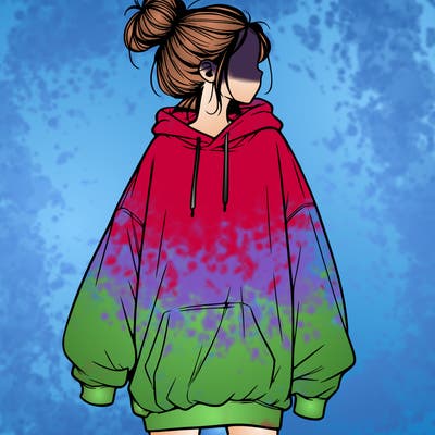 realistic girl with a oversized sweatshirt on and a bun