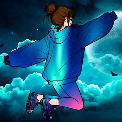 realistic girl jumping with a bun and oversized sweatshirt
