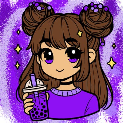 a realistic girl that has space buns and a boba tea