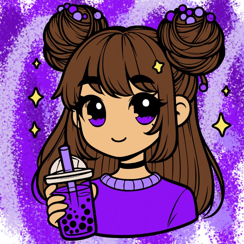 a realistic girl that has space buns and a boba tea