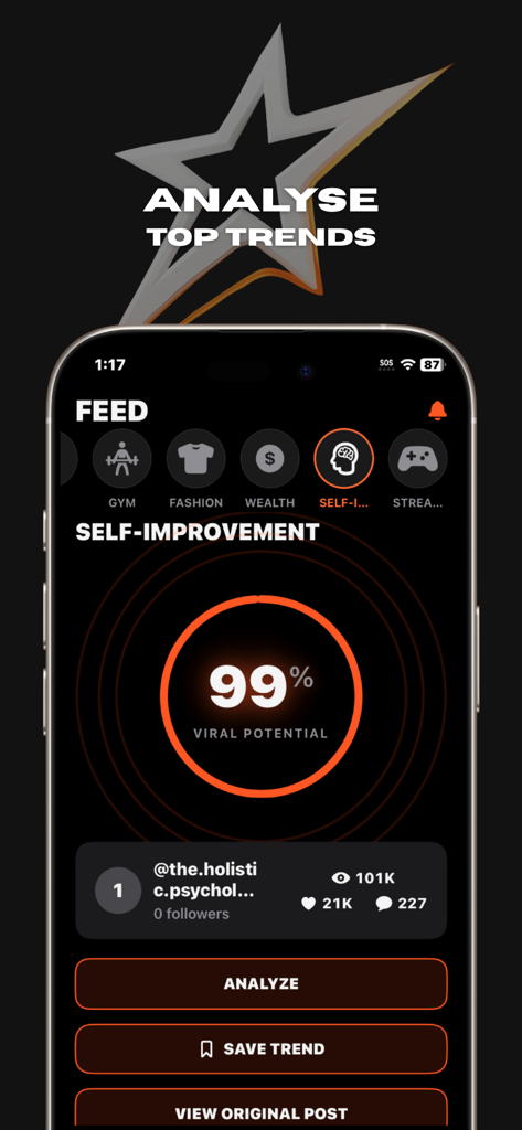TrendStar - TrendStar app interface displaying a ninety nine percent viral potential score for social media trends