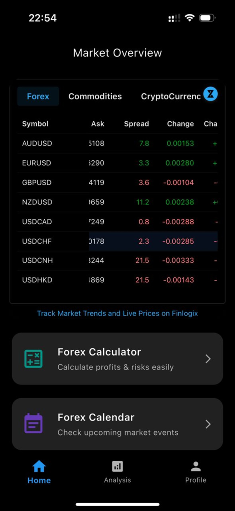 Forex Genius app dashboard displaying live market rates and trading tools like calculator and calendar