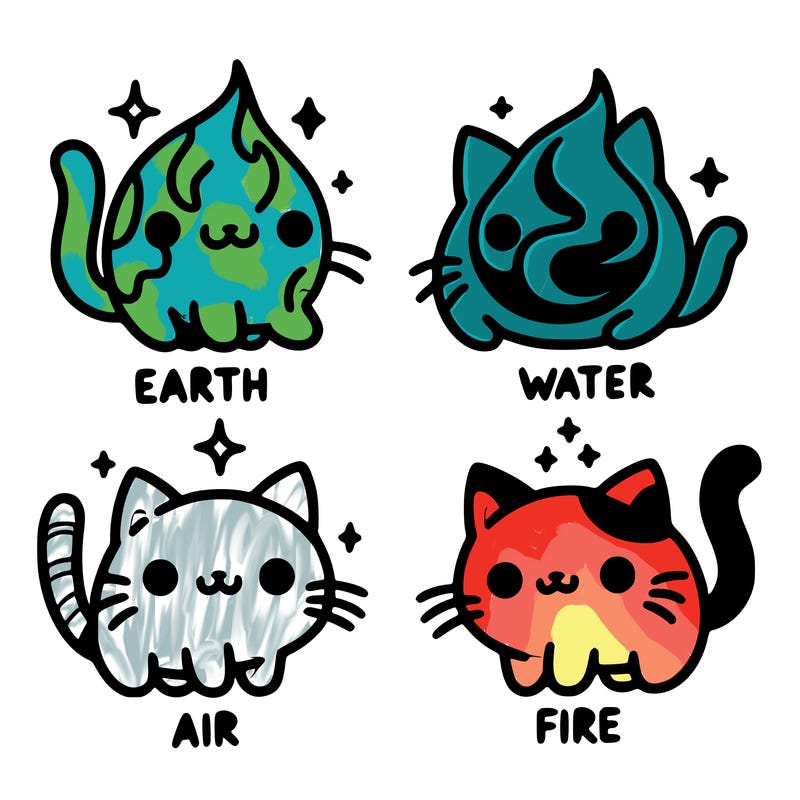 4 cats that represent the different elements, earth, water, air, and fire