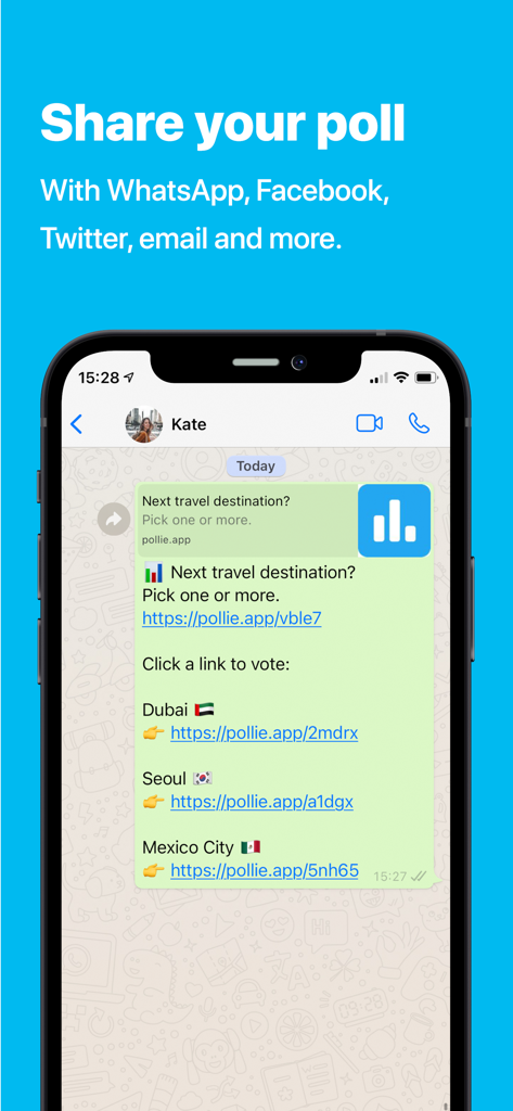 Pollie: Create Polls - A travel destination poll shared in a WhatsApp chat using Pollie