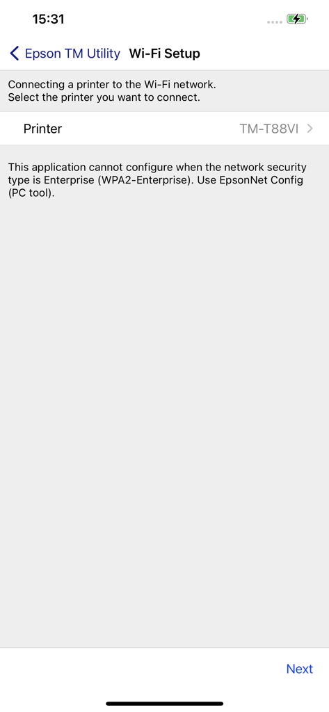 Interfaz de la aplicación Epson TM Utility que muestra la pantalla de configuración Wi-Fi para conectar una impresora térmica a una red inalámbrica.