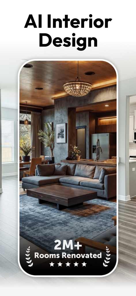 AI Interior Design - Interio - Tela do aplicativo de design de interiores com IA mostrando uma sala de estar moderna com prova social de 2 milhões de cômodos reformados
