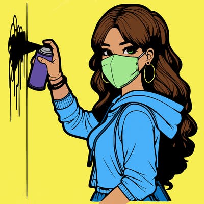 realistic girl with mask spray painting a wall