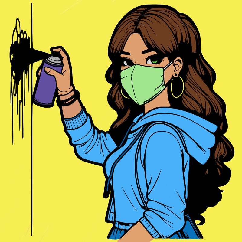 realistic girl with mask spray painting a wall
