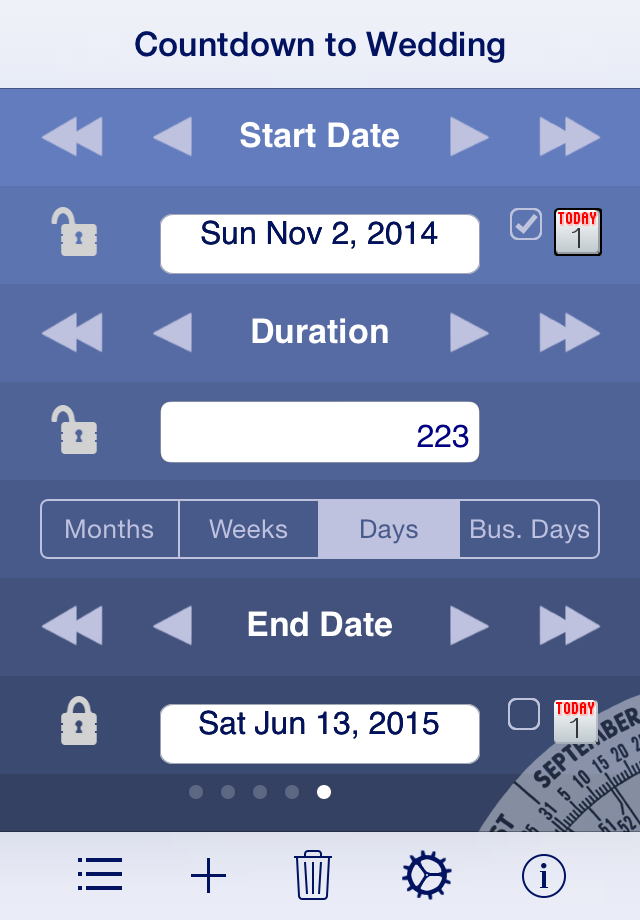 Date Wheel date calculator - Interface of the Date Wheel app showing a countdown of 223 days for a wedding between two specific dates