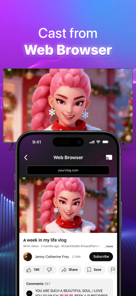 TV Remote Control Mirror Cast - An iPhone casting a video from a web browser to a large smart TV screen