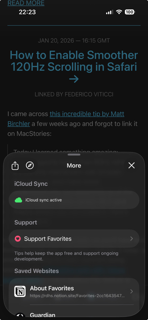 Favorites Private Browser - The settings menu of Favorites Private Browser displaying iCloud sync status and a list of saved websites.