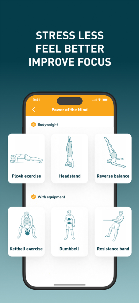Wim Hof Method: Breathwork - Pantalla de la aplicación Método Wim Hof que muestra ejercicios con peso corporal y equipo para el enfoque mental y físico.
