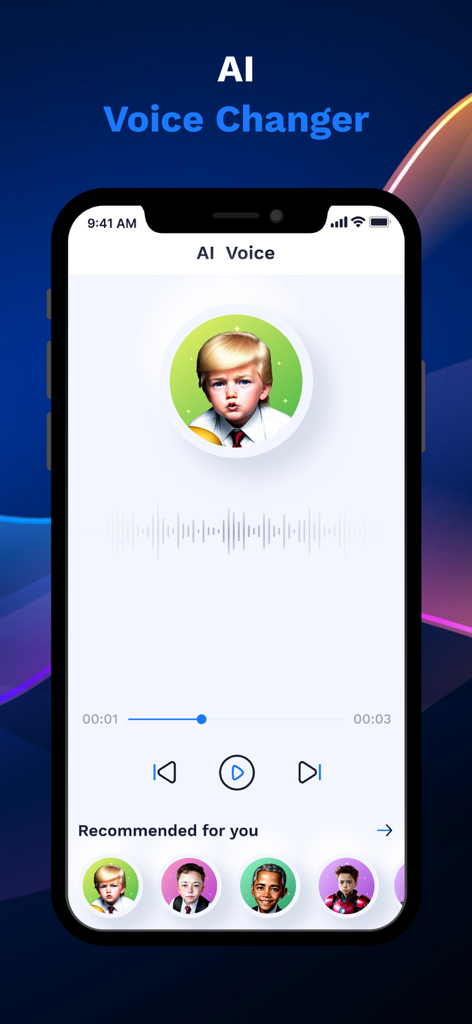 AI Voice Generator app interface showing celebrity parody voice options and audio playback controls