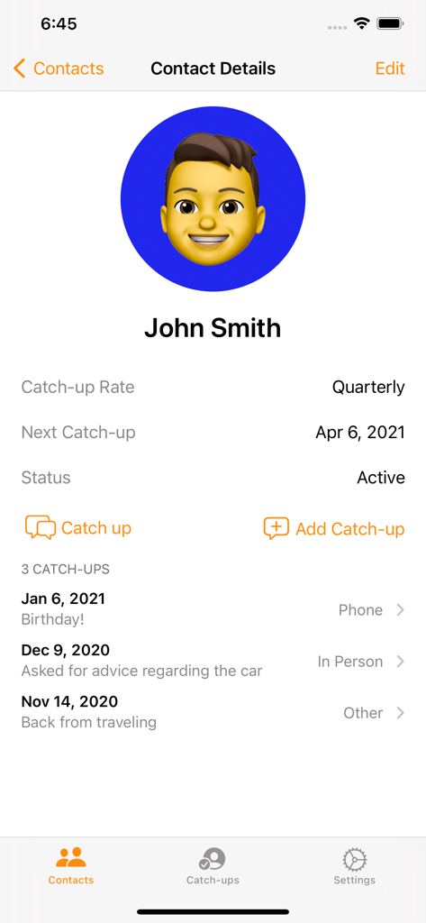 Profilansicht eines Kontakts in der Kontaktr-App, die die Treffen-Historie und die nächste geplante Erinnerung anzeigt.