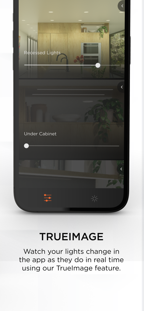 Savant - Savant Pro app interface showing real-time lighting adjustments with the TrueImage feature in a kitchen.