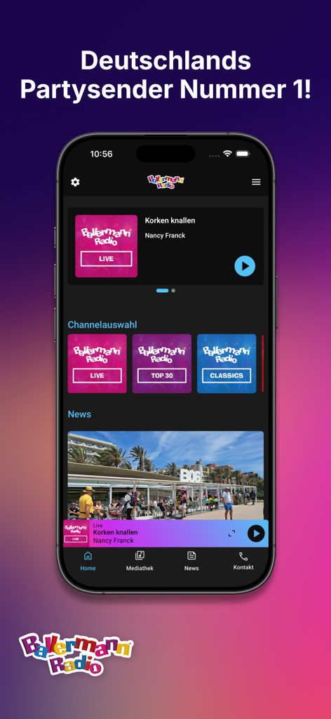 Ballermann® Radio - Ballermann Radio app home screen with live party music player and channel selection.
